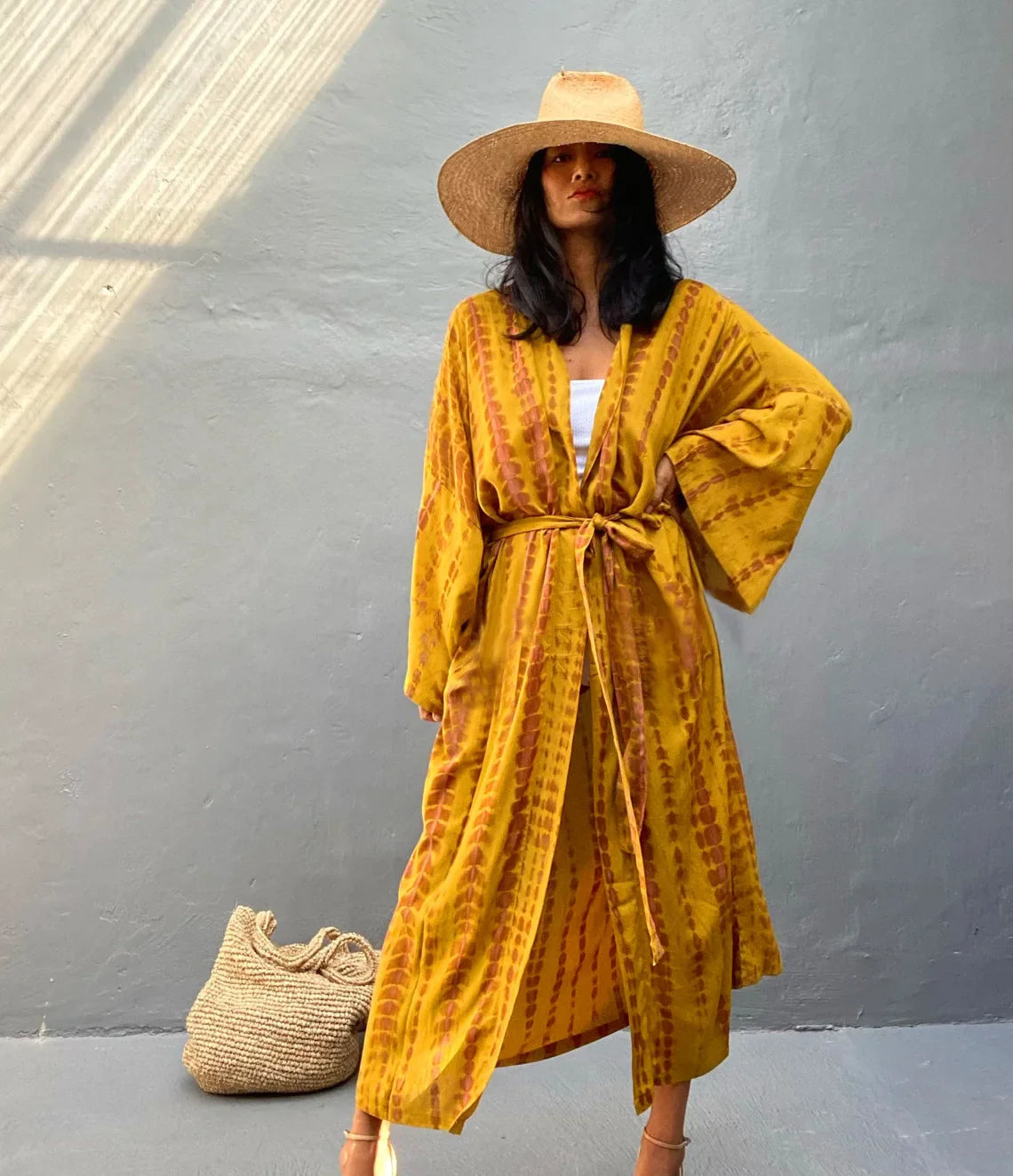 2023 Women's Boho Stripe Tie Dye Swimsuit Cover Up with Belt Tunic Sarong Cardigan Dress Bikini Cover-ups Beach Wear Kimono