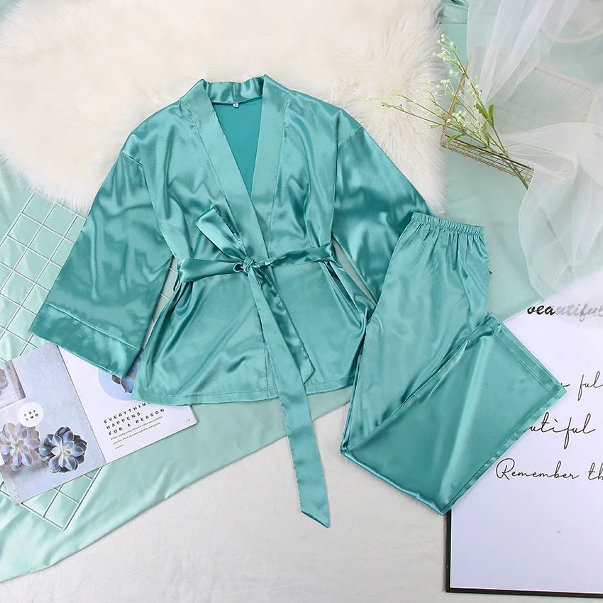 Women's 2024 Matching Sets Pajamas With Belt Satin Tow Pieces Suit Soft Loose Pyjamas Casual Solid Sleepwear Female Home Clothes