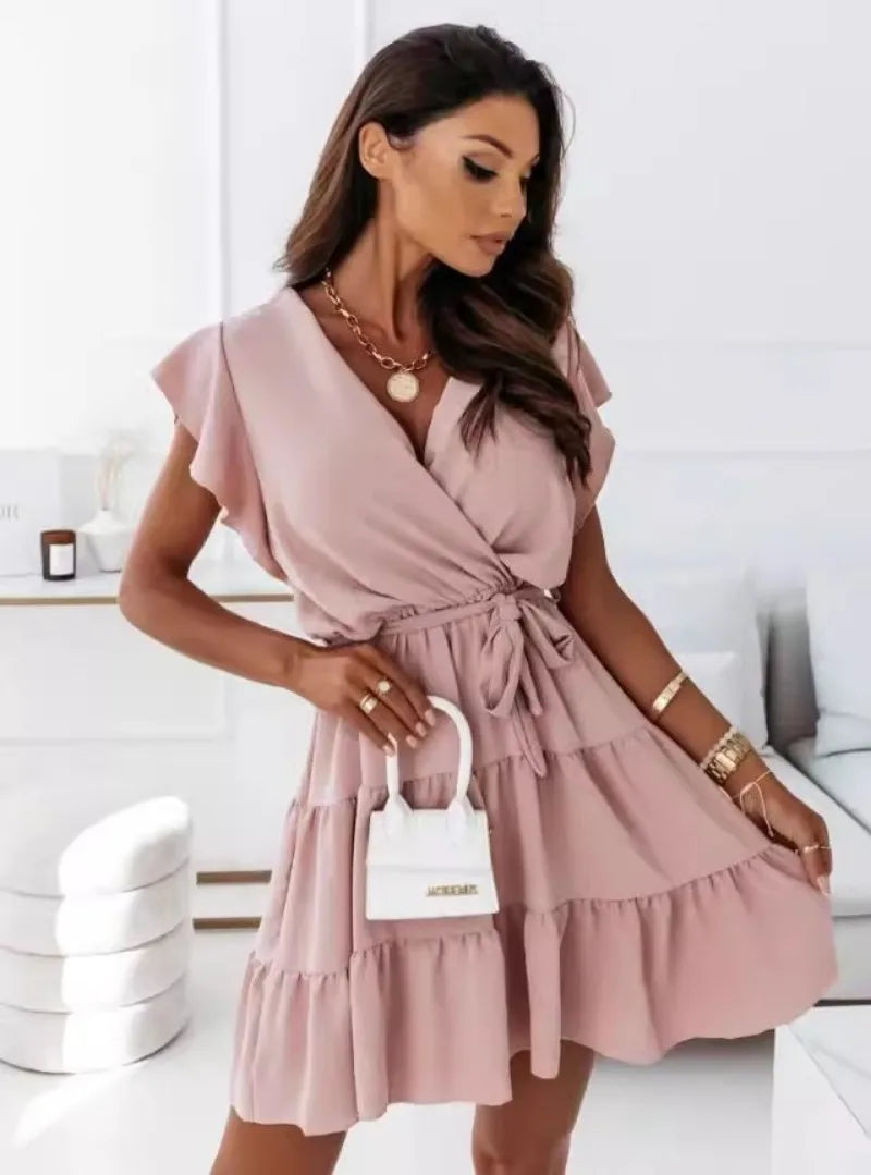 New Women's Fashion V-neck Dress Ladies Solid Color Elegant Short Sleeve A-line Dress