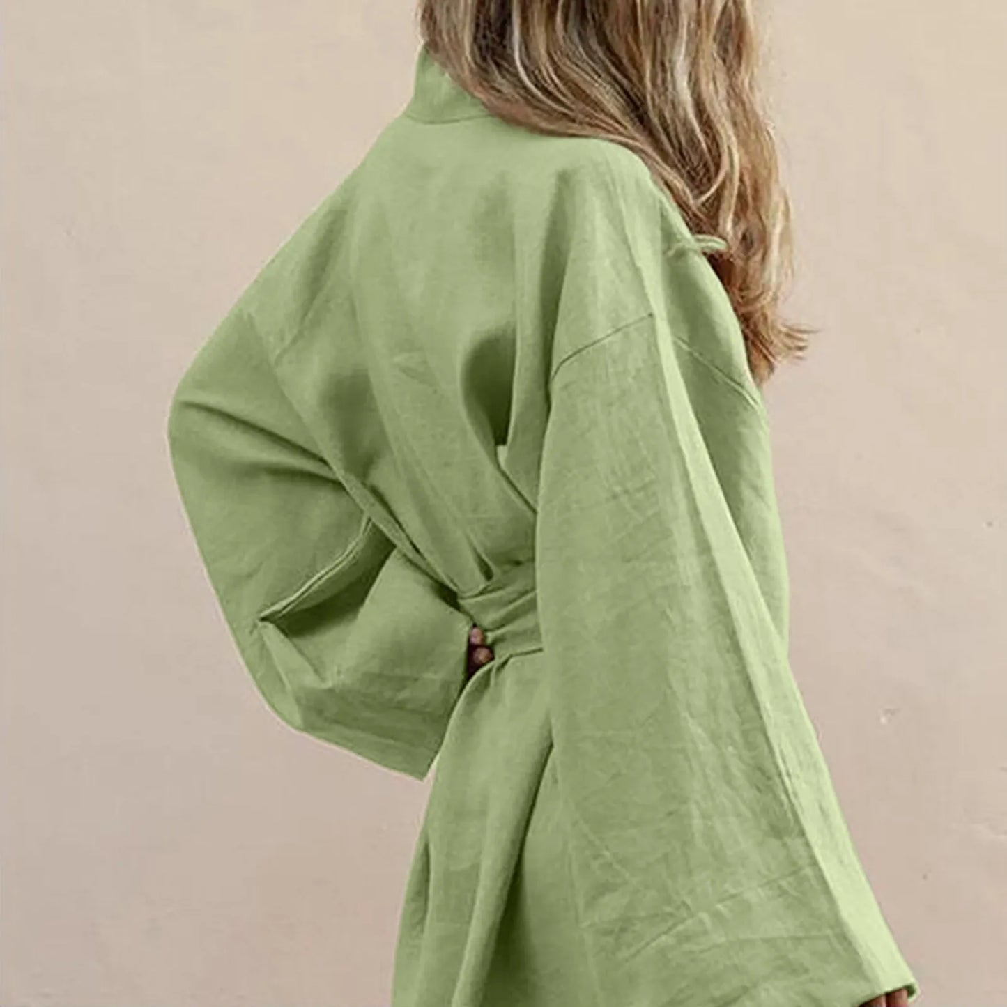 Women's Lace Up V-Neck Mini Dress 2025 New Cotton Linen Sashes Dresses Solid Long Sleeve Vestidos Loose Kimono Cardigan Dress