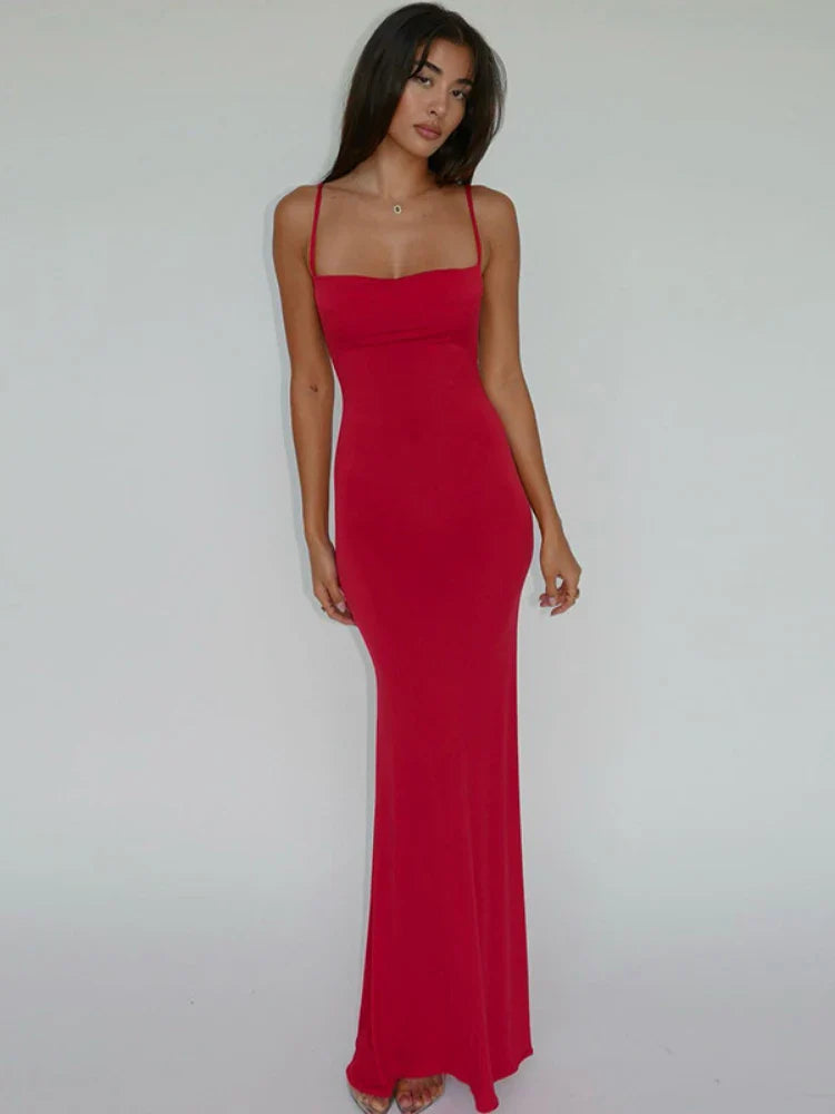 WeiYao Sexy Slim Backless Camisole Dress Solid Color Sleeveless Slash Neck A-line Maxi Dresses For Women Summer Women's Clothes
