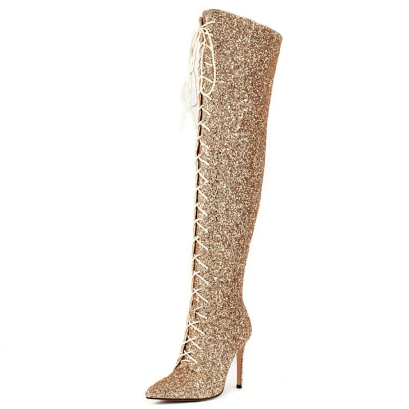 Luxury Gold Silver Red Over the Knee High Boots Sequined Sexy Nightclub Dance Party Shoes Ladies Lace-up Long Boot Large Size 48
