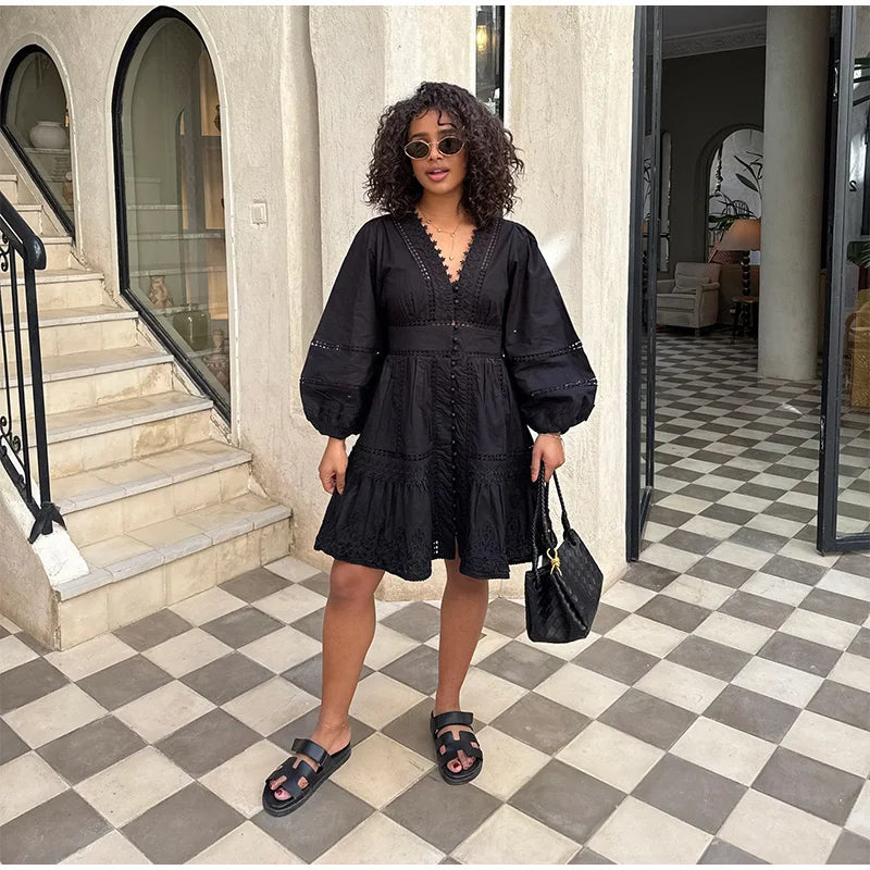 Elegant Lace Hollow Out Women's Long Dress Solid V-neck Patchwork Puff Sleeve Bodycon Dressess Female 2025 Spring New Lady Robes