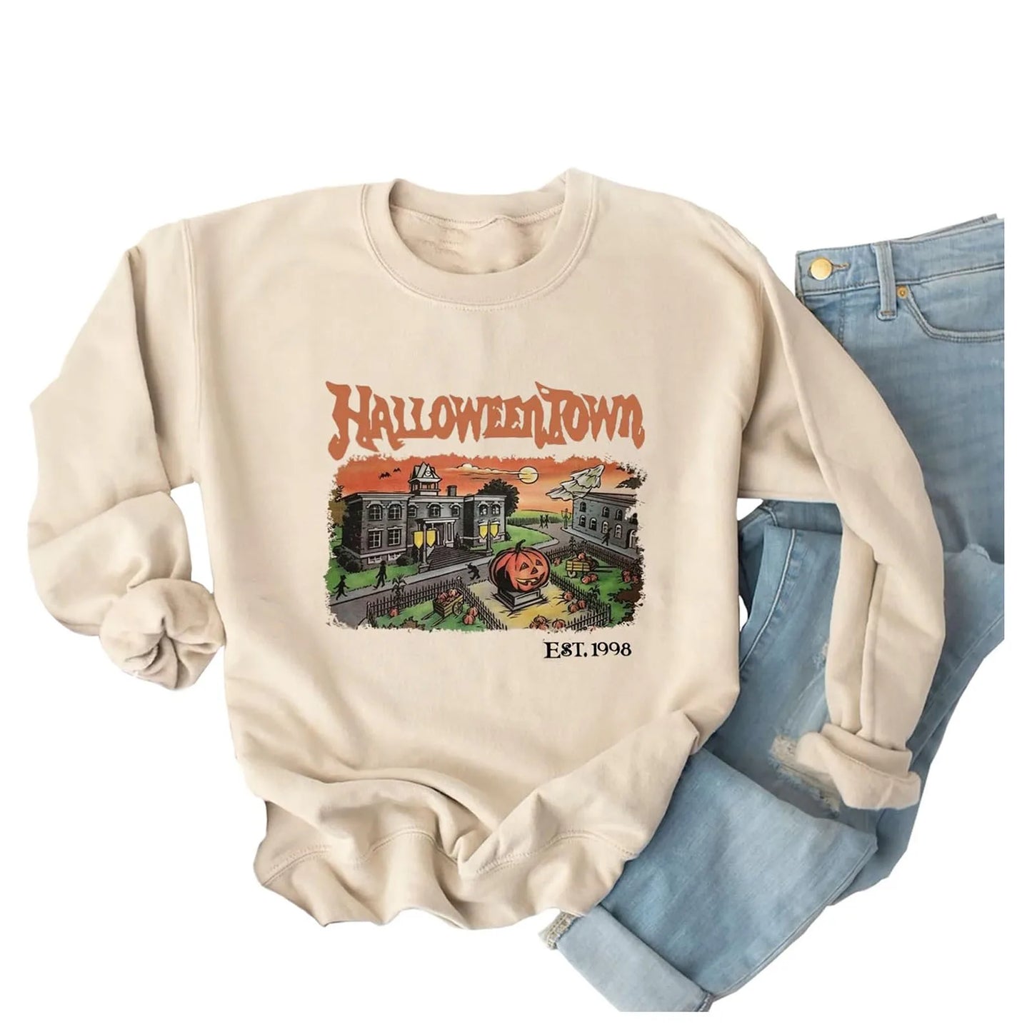 Women'S Halloween Printed Pullover Sweater Halloweentown Graphic Y2k Hoodless Sweatshirt Long Sleeve Crew Neck Classic Hoodies