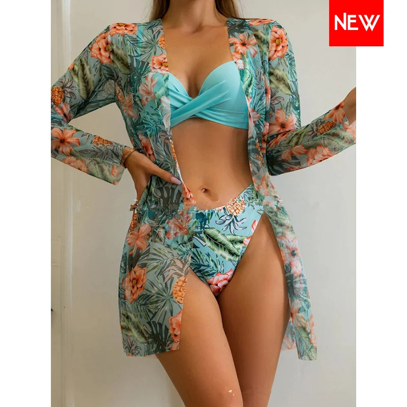 Three Pieces Bikini Set Cover Up Women New Push Up Twist Swimsuit Print Long Sleeve Swimwear Biquini Bathing Suit Summer