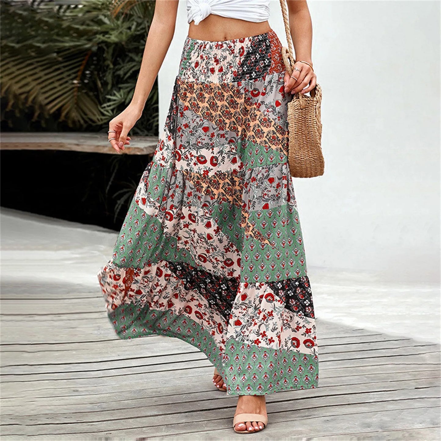 Women Skirts New Fashion All-Match Skirt Loose Elastic Waist Floral Print Ethenic Style Boho Skirt Bohemian Vintage Skirt