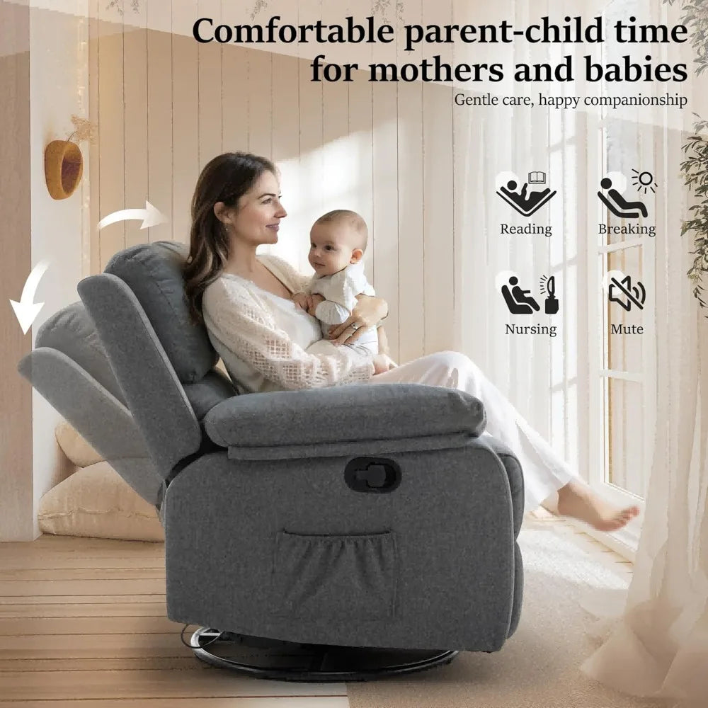 360 Swivel Rocker Recliner Chair for Adults, Glider with Side Pockets.