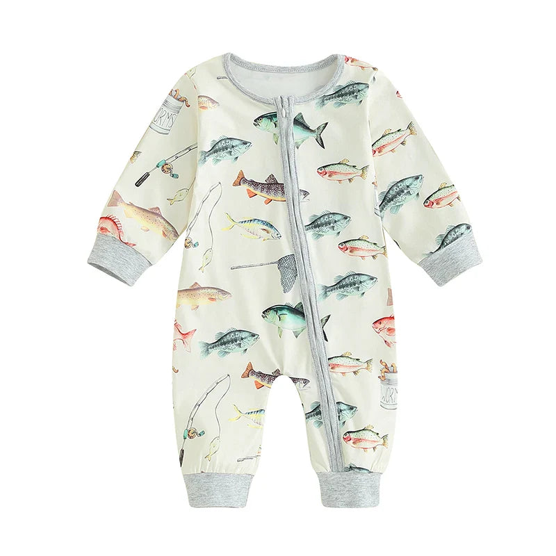 Baby Jumpsuit Long Sleeve Crew Neck Fish Print Zipper Closure Fall Romper Clothes for Boys Girls