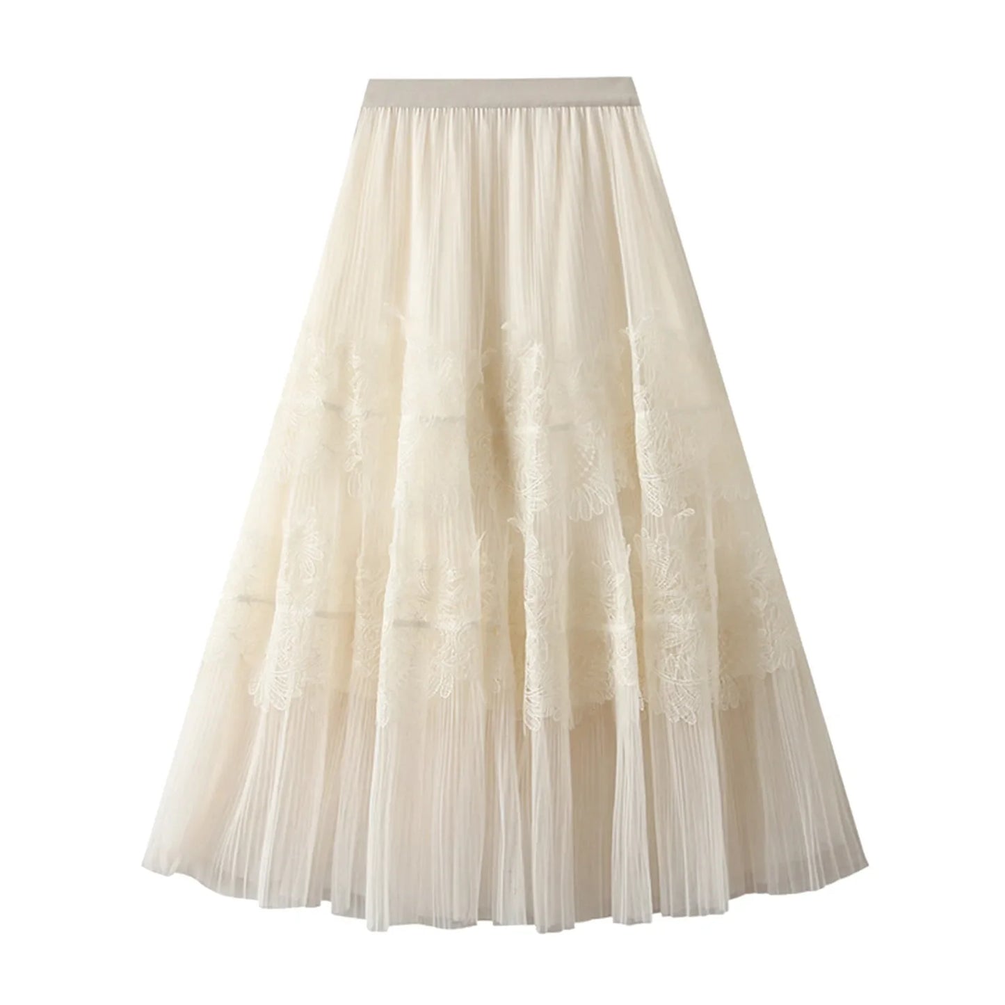 Women Mid Length Skirts Dance Party A Line High Waisted Lace Tulle Skirt Pleated Mesh Half Skirts Holiday Party Costumes