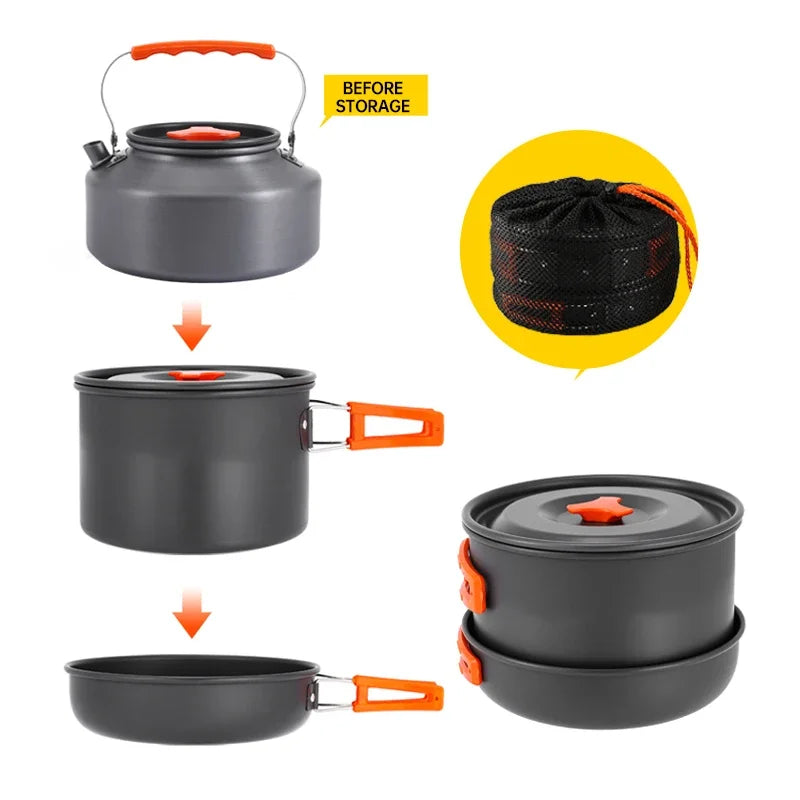 Camping Cooking Set, Outdoor Kitchenware Set, Aluminum Portable Tableware Kitchenware POTS Bowls Kettles Hiking Picnic Equipment