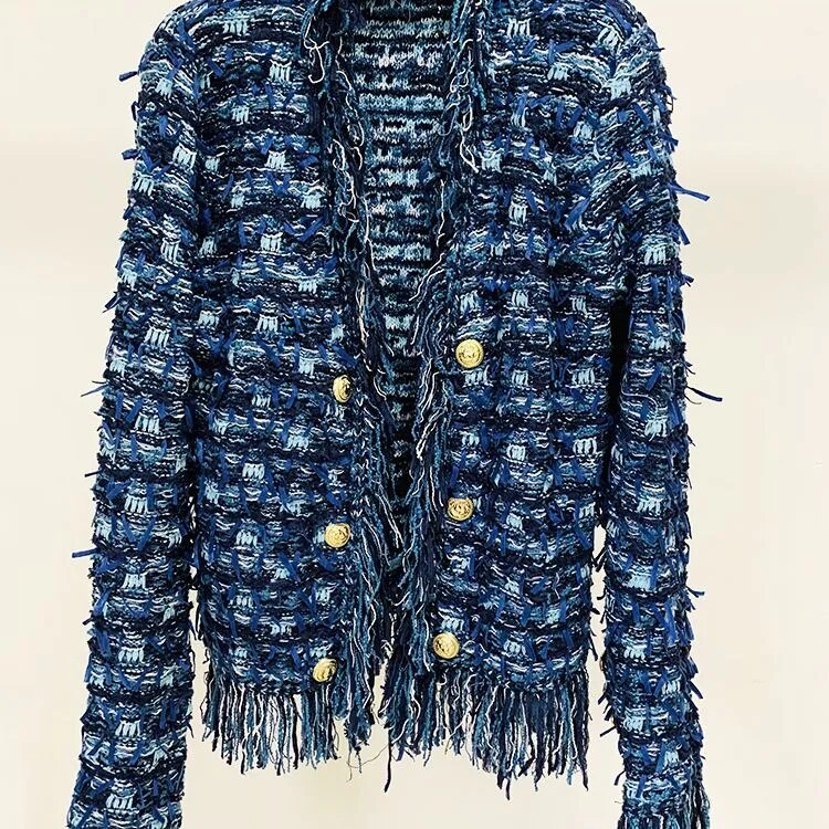 HIGH STREET Newest 2023 Fall Winter Fashion Designer Jacket Women Lion Buttons Embellished Tassel Knit Cardigan