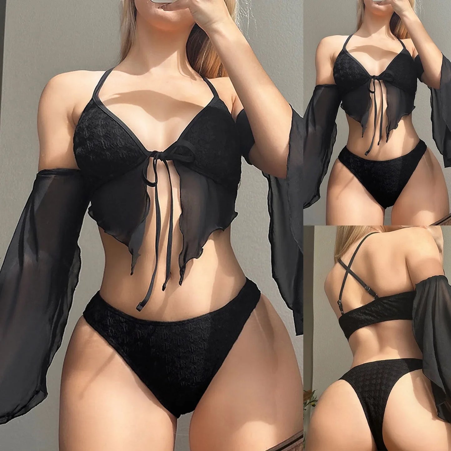 Women'S Three Piece Swimsuit Tulle See-Through Halter Adjustable Shoulder Strap Backless Bikini Paired With Sleeves Swimwears