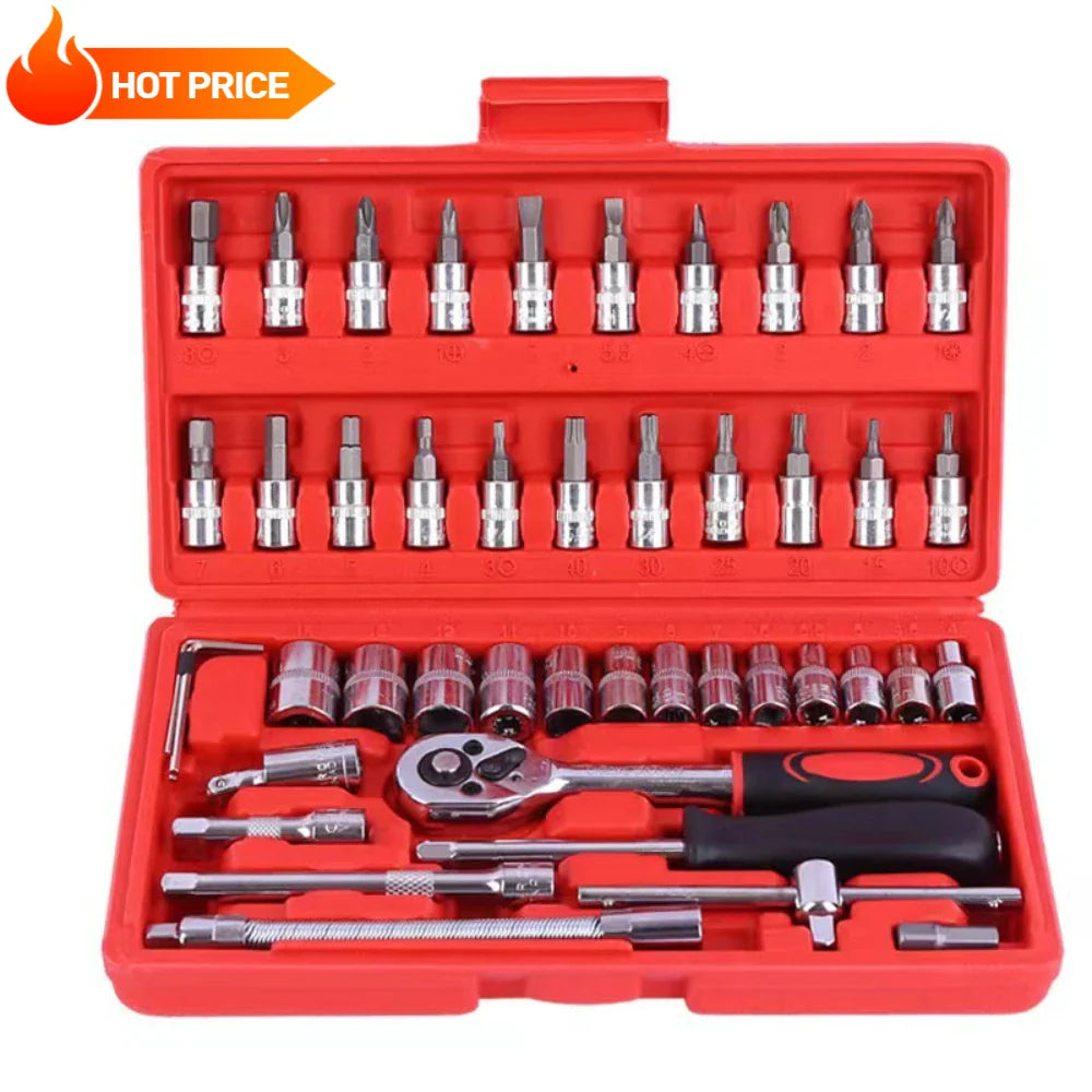 46pcs/Set Socket Wrench Diy Repair Tool Kit, Ratchet Screwdriver for Car Repair Hardware Toolbox for Auto Repairing and Household.