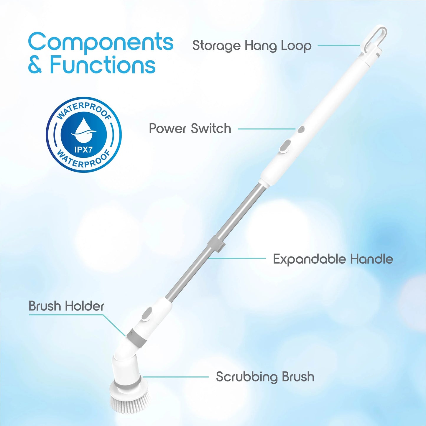 Electric Spin Scrubber Cordless Cleaner 9 Brush Heads Adjustable Handle 2 Speed USB-C Rechargeable IPX7 Waterproof for Bathroom