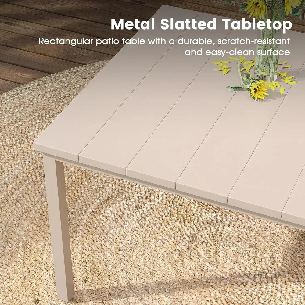 7-piece outdoor patio dining set, sand-shell rectangular metal dining table and 6 sand-shell stackable harness-top dining chairs