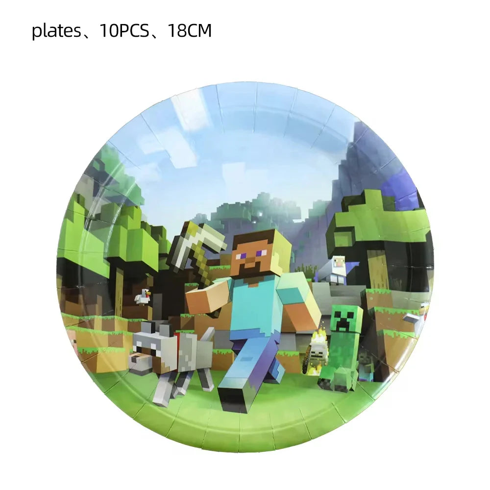 Miner Crafting Pixel Video Game Party Decor Disposable Tableware Cup Plate Tablecloth Balloon Baby Shower Kid Boy Party Supplies
