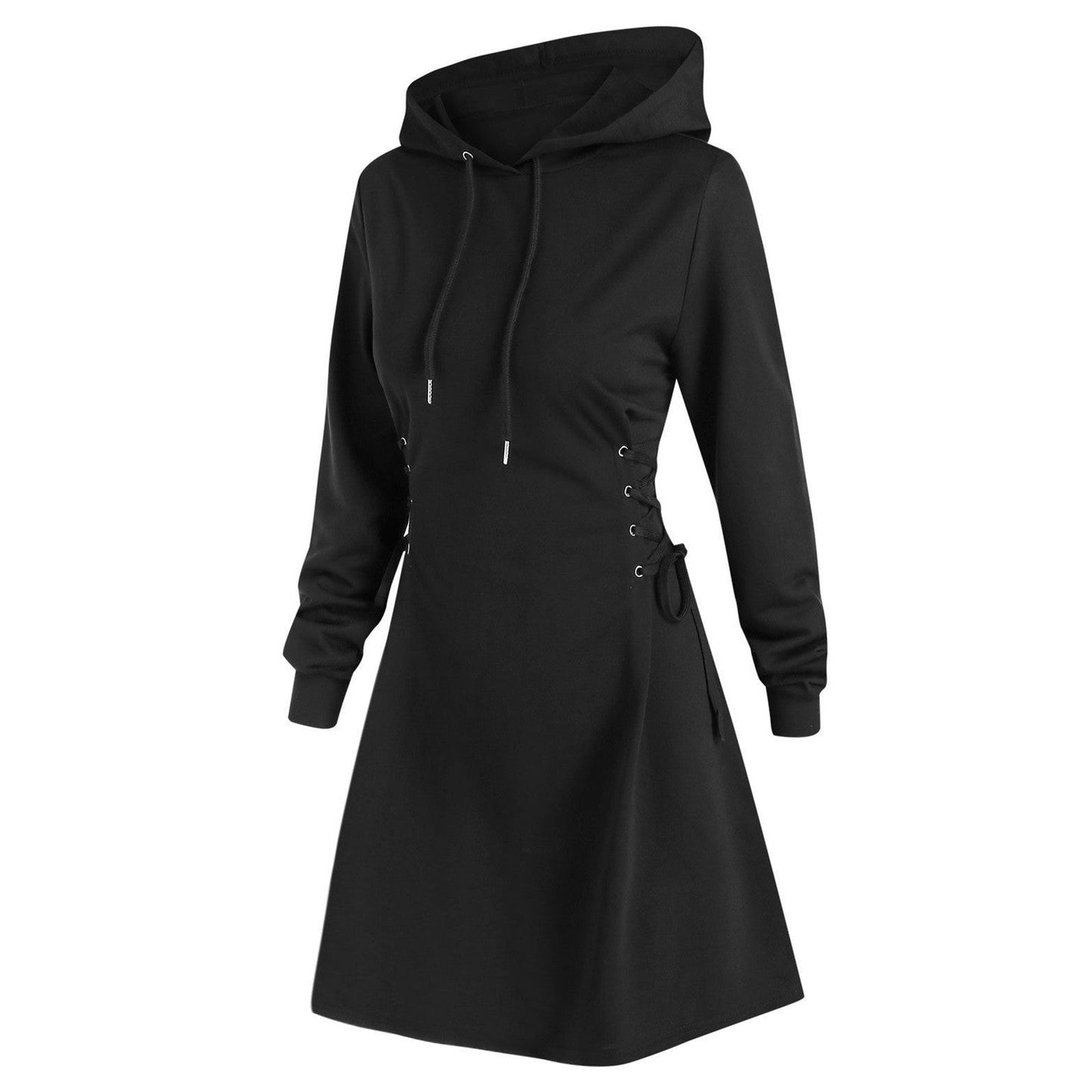 Autumn Long Sleeve Women Lace Up Sweatshirt Dress Fashion Solid Hooded Dresses Vestido Casual Drawstring Dress Streetwear платье