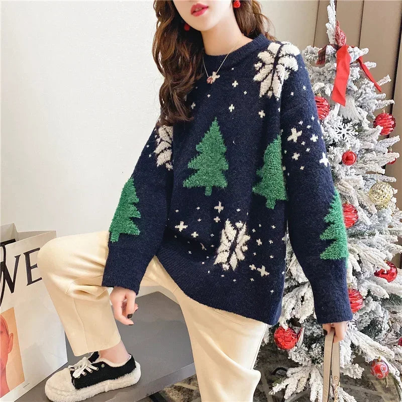 2024 Winter New Christmas Sweater, Women Hoodie Loose Round Neck Lazy Style Tops.