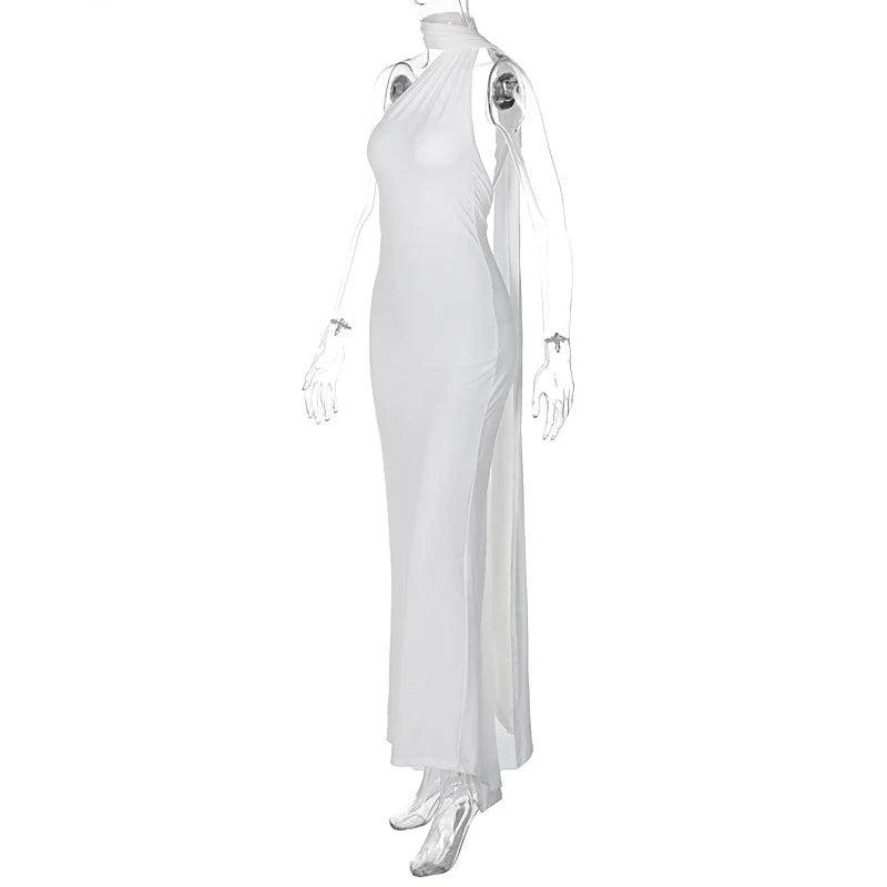 Hugcitar One Shoulder Backless Adjustable Scarf Loop Ruched Sexy Maxi Dress 2025 Women Elegant Y2K Streetwear Festival Outfit