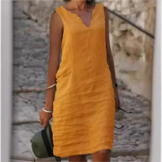 New Pure Color V-Neck Sleeveless Large Size Casual Linen Dress Comfortable Breathable Women's One-Piece Summer Dresses