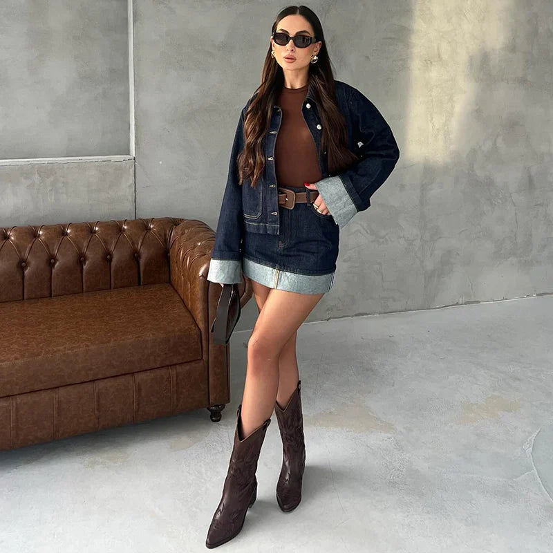Denim Skirt Women Set Casual Long Sleeve Lapel Pocket Button Jacket Pleated Min Skirts 2025 Spring Summer Lady Suit