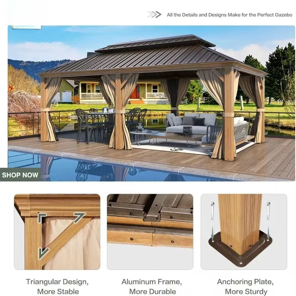 12x20 Gazebo, Hardtop Wood-Looking Gazebo with Galvanized Steel Double Roof, Patio Hardtop Gazebo with Netting and Curtains
