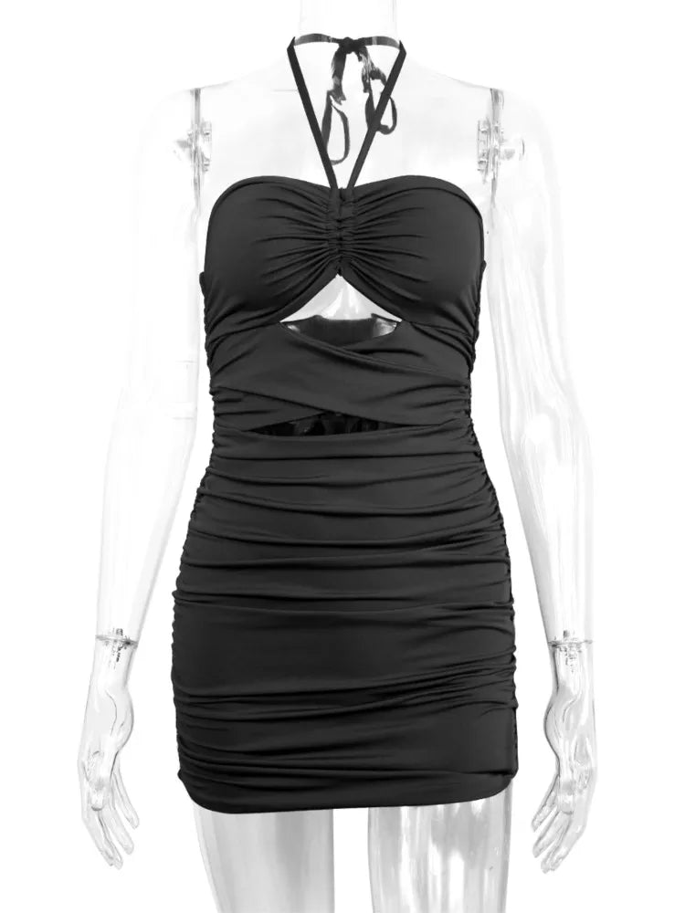 2022New Dress Clothing Cross Hanging Neck Halter Hollow Fold Bag Hip Skirt Summer Woman Clothes Sling Female Dresses For Women 2