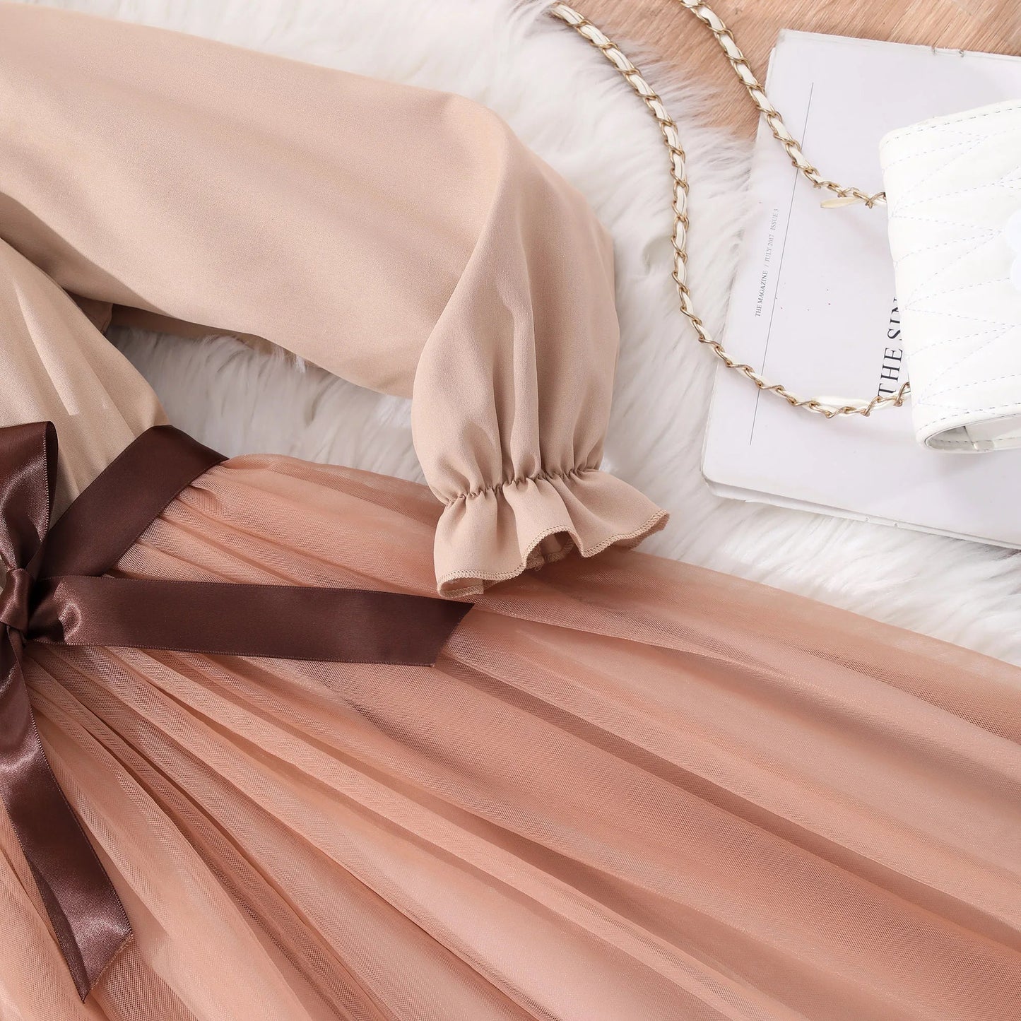Girl long sleeved lapel solid color, mesh dress with woven waistband.