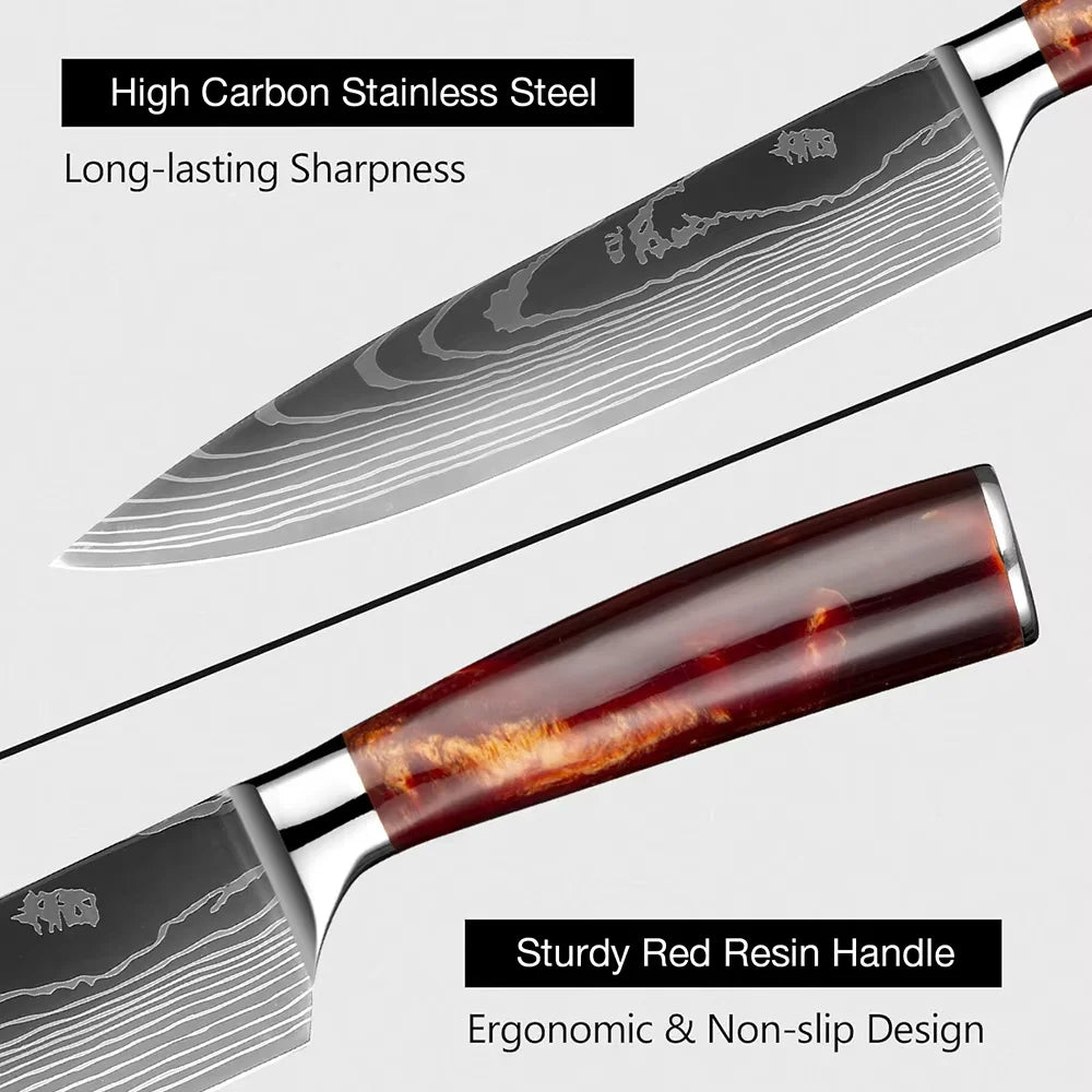 Knife Set 15-Piece Kitchen Set With Wooden Block, Laser Damascus Pattern Steel, Pro Chef ,With Scissor Sharpening Rod.