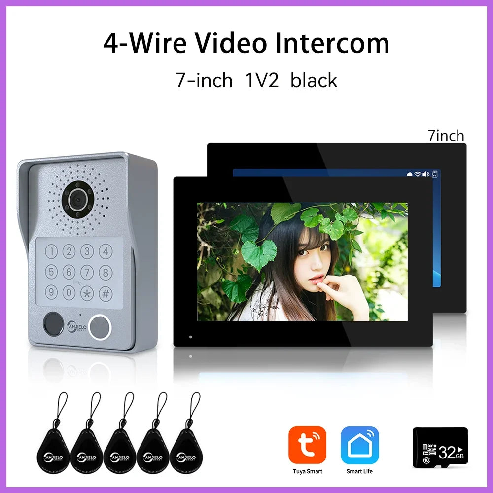 ANJIELO 4-Wire Video Intercom System with 10-inch Touch Screen 5-in-1 Unlock Tuya Smart APP Control IP65 Waterproof Night Vision