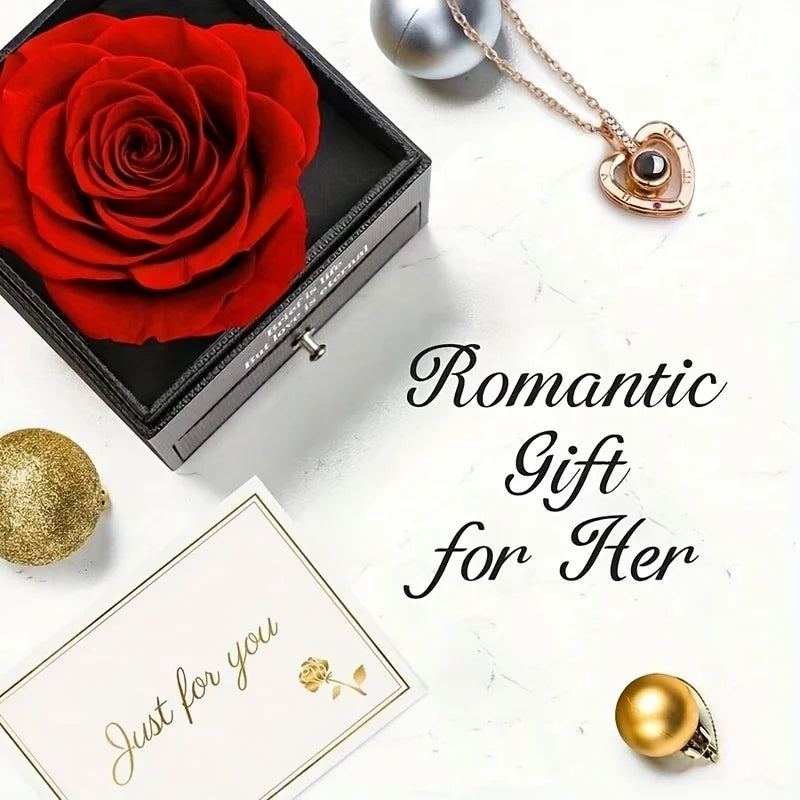 Preserved Red Rose with I Love You Necklace, for Women, Mom, Wife,Christmas Valentines Day Mothers Day Anniversary Birthday Gift