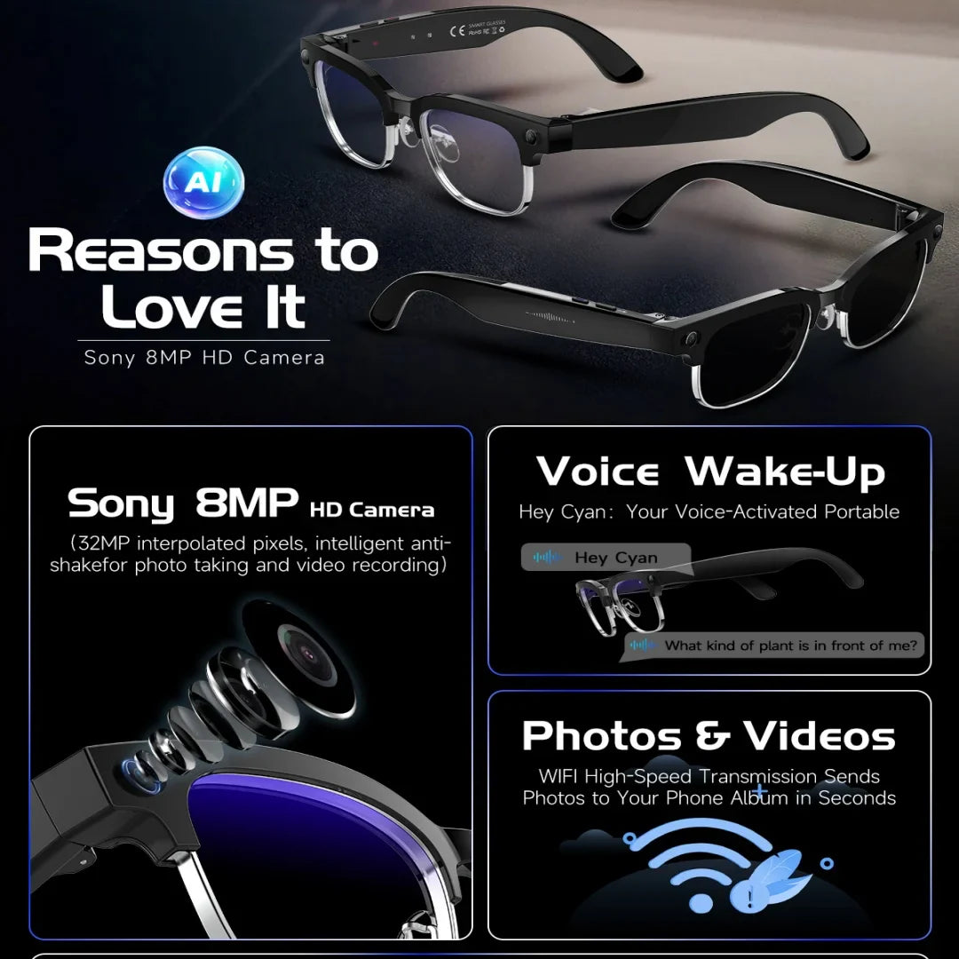 AI Smart Glasses 8MP Bluetooth, Waterproof ,IP66 with Video Recording, Photo Recognition, Translation, 290mAh Glasses for Everyday Use.
