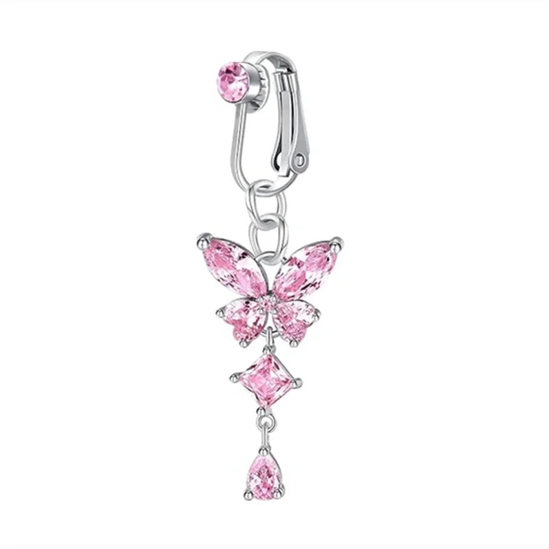 Clip On Belly Button Ring Butterfly Copper Zircon Pink Fake Belly Piercing Umbilical Navel Body Jewelry Trendy Fashion Style