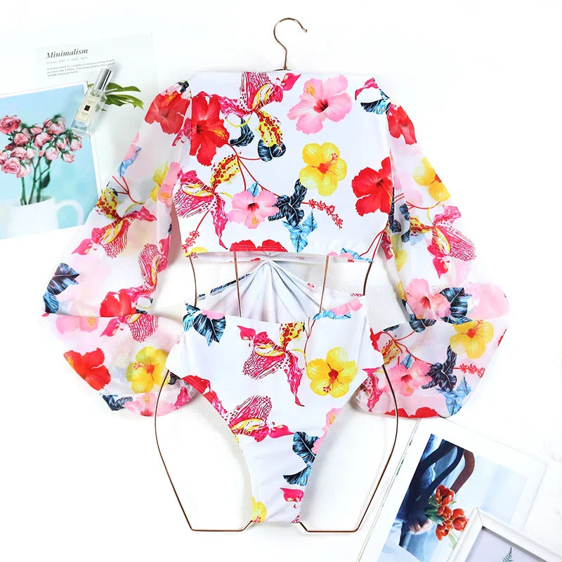 CPUTAN 2024 Sexy Floral One Piece Swimsuit Summer Women Long Sleeve Deep V Swimwear Beachwear Print Surf Monokini Bathing Suit
