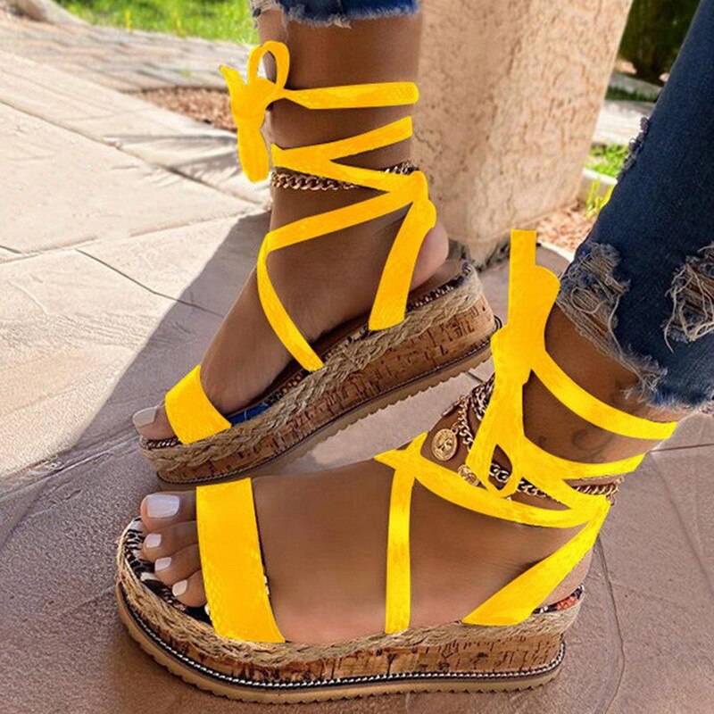 Women's Roman Sandals Leopard Print Ethnic Fashion Print Platform Cross-Tie Open Toe Beach Shoes Casual Wedge Heels Plus Size 43