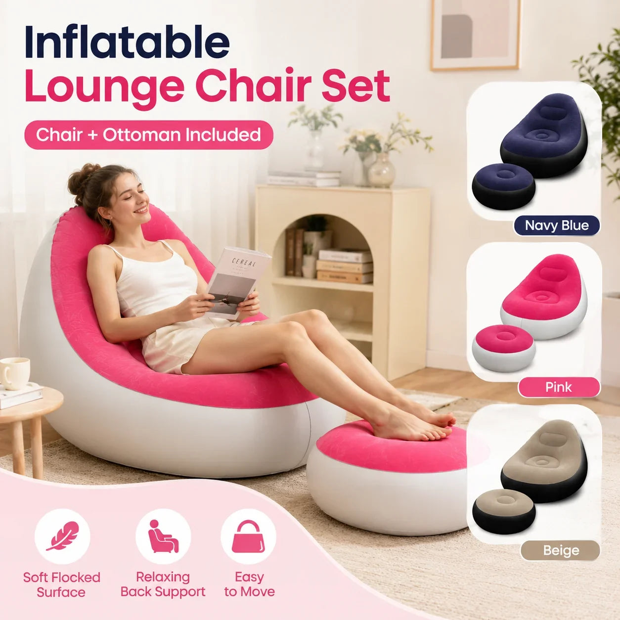 1PC nflatable Air Sofa Chair with Footrest, Portable Lounge Chair Set Soft Flocked Surface for Bedroom Dorm Living Room