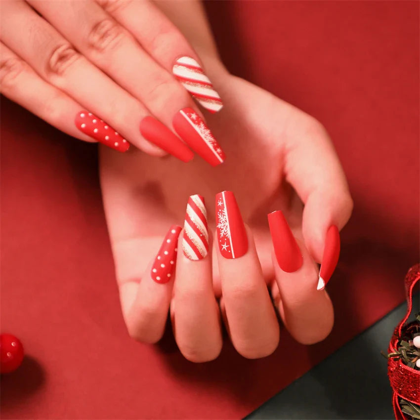 24Pcs/Set American Almond Christmas Wearing False Nails Full Coverage Press on Nails Removable Adhesive Acrylic Fake Nails Tips