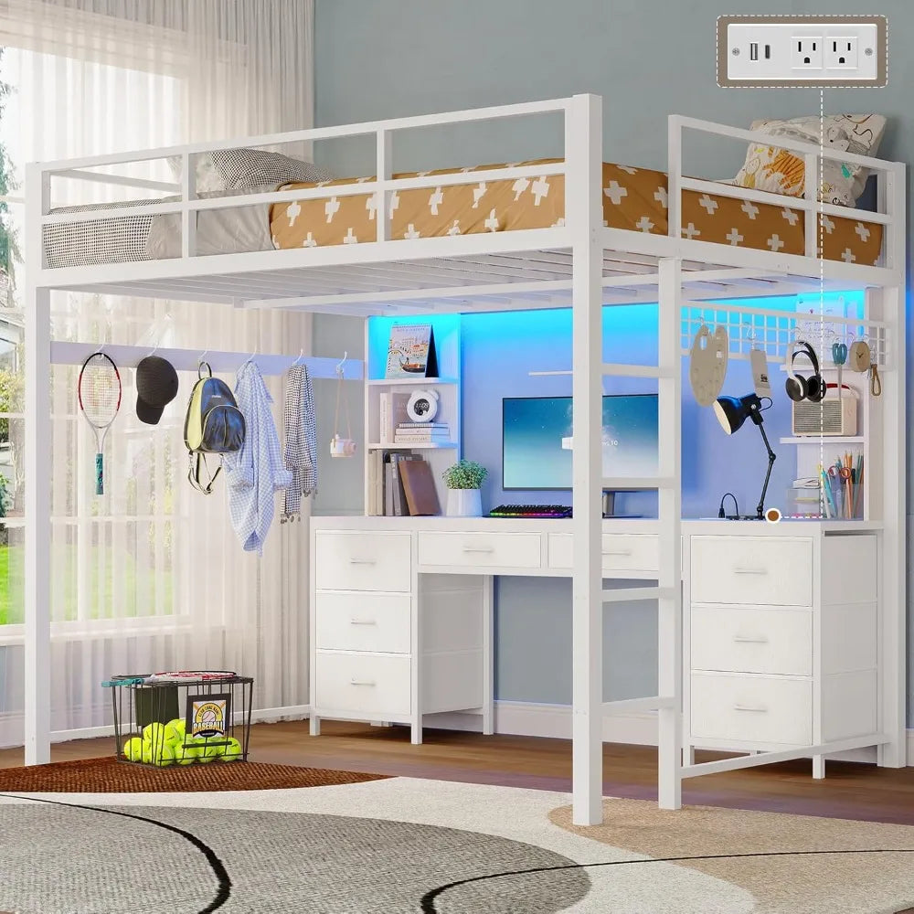 Full Metal Loft Bed with Desk, 8 Drawers Storage, Charging Station & LED Lights, Space-Saving.
