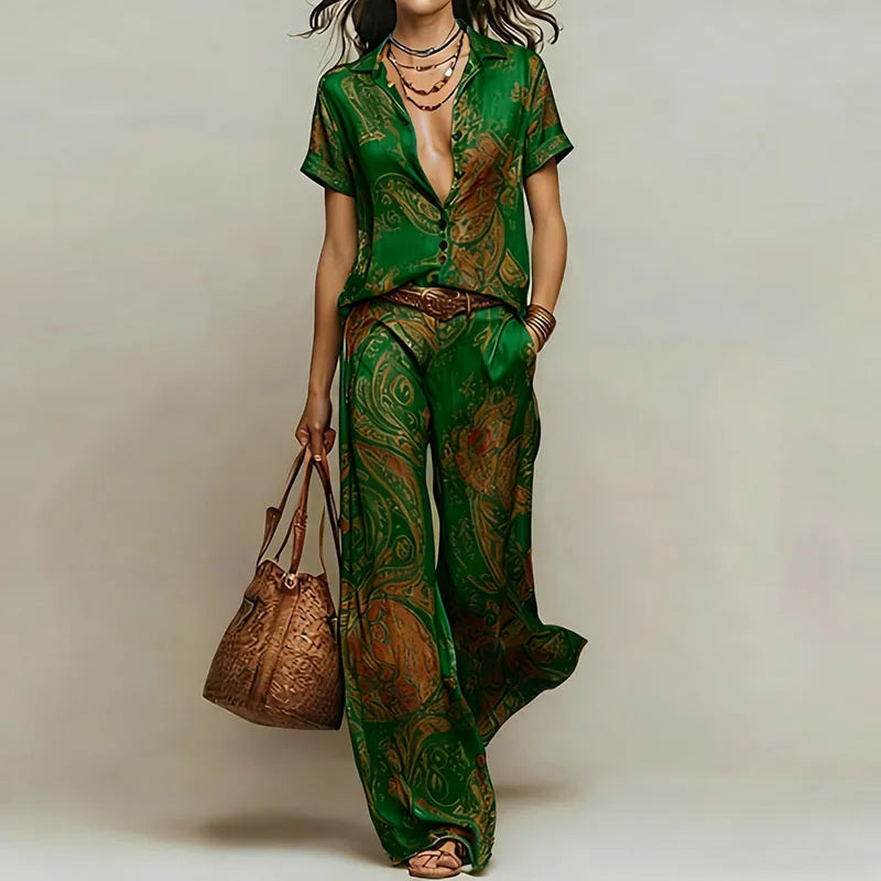 Vintage Printed Two Piece Suits Women Glossy V Neck Pocket Short Sleeve Tops & Wide Leg Trousers Sets Chic Holiday Travel Outfit