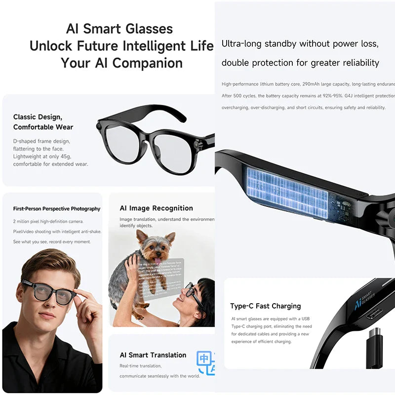 2026 New Al Smart Glasses, 200w HD Camera, Video Record, Voice Translation, Photo Recognition, Music Playback, BT Call Smart Sunglasses.