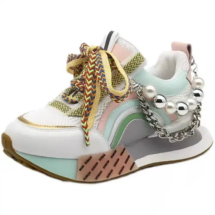Lace Up  Pearl Chain Decorative Women's Vulcanized Shoes Women's Platform Sneakers Zapatos De Mujer Women Shoes 2023