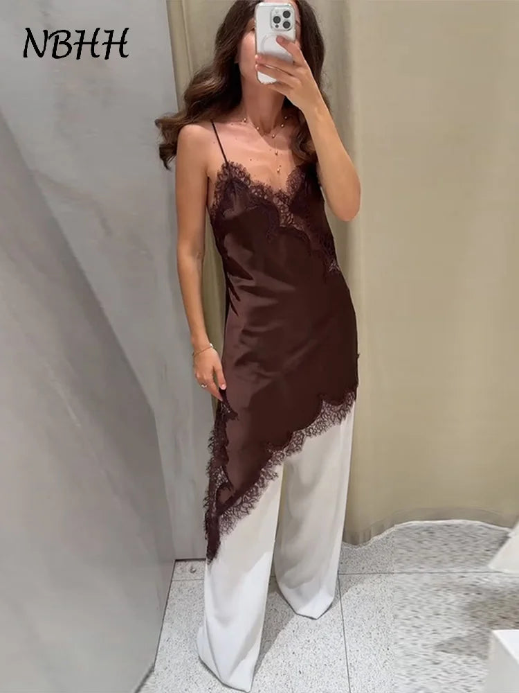 Brown Satin Sexy Lace Spliced Short Sling Dress Women V-neck Sleeveless Backless Asymmetric Party Dresses 2025 Summer Lady Robes