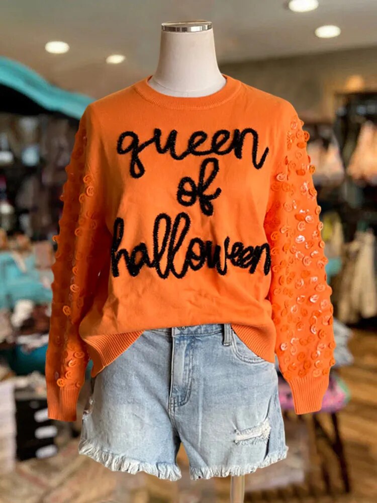 Women Letter Embroidered Sequin Sweater Halloween University Sweatshirts  Funny Party Spooky Academy Fall Pullover Sweatshirt
