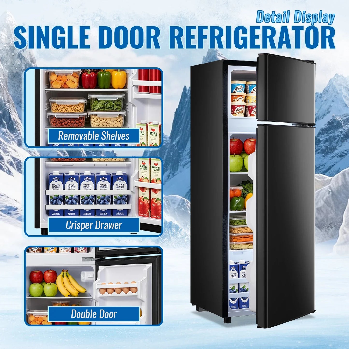Mini Refrigerator with Top Freezer 66 Liter Dual Door Small Refrigerator with 7-Level Adjustable Thermostat for Office, BLACK