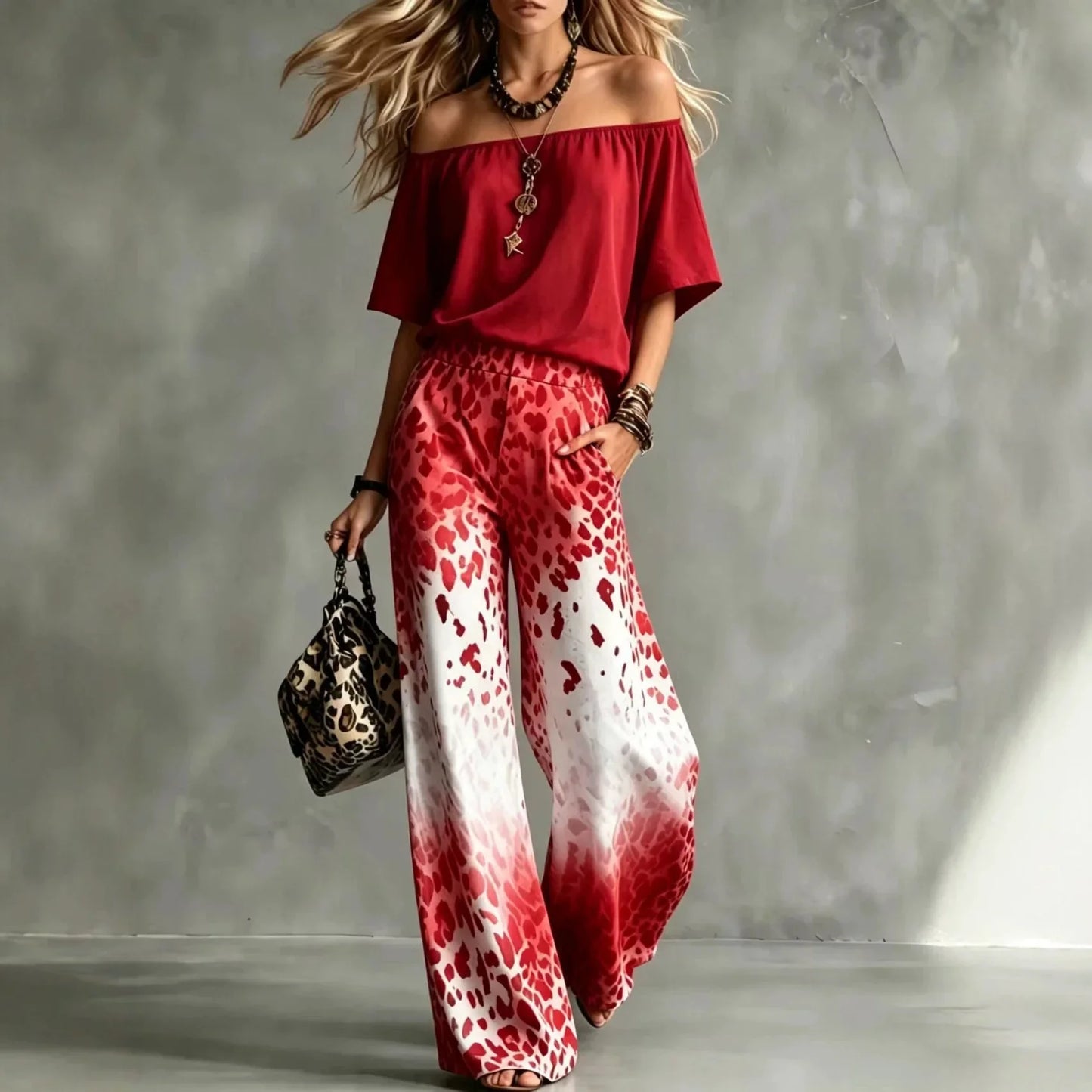 Summer Women Off Shoulder Short Sleeve Top Gradient Leopard Print Wide Leg Pants Two Piece Boho Casual Fashion Matching Suit New