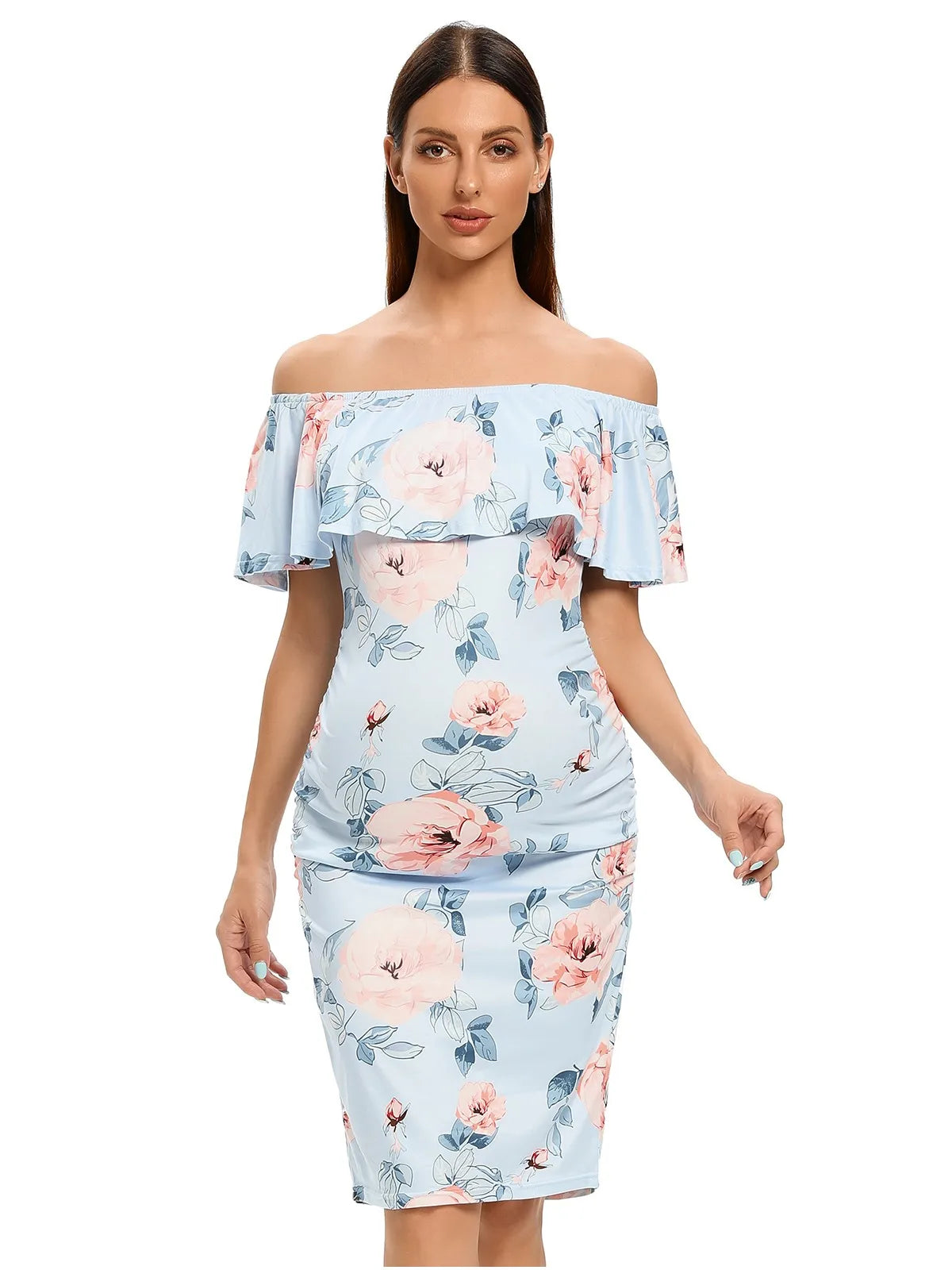 Liu&Qu Women's Maternity Dress Off Shoulder Ruffle Sleeveless Bodycon Dress Elegant Ruched Sides Bodycon Dresses for Baby Shower