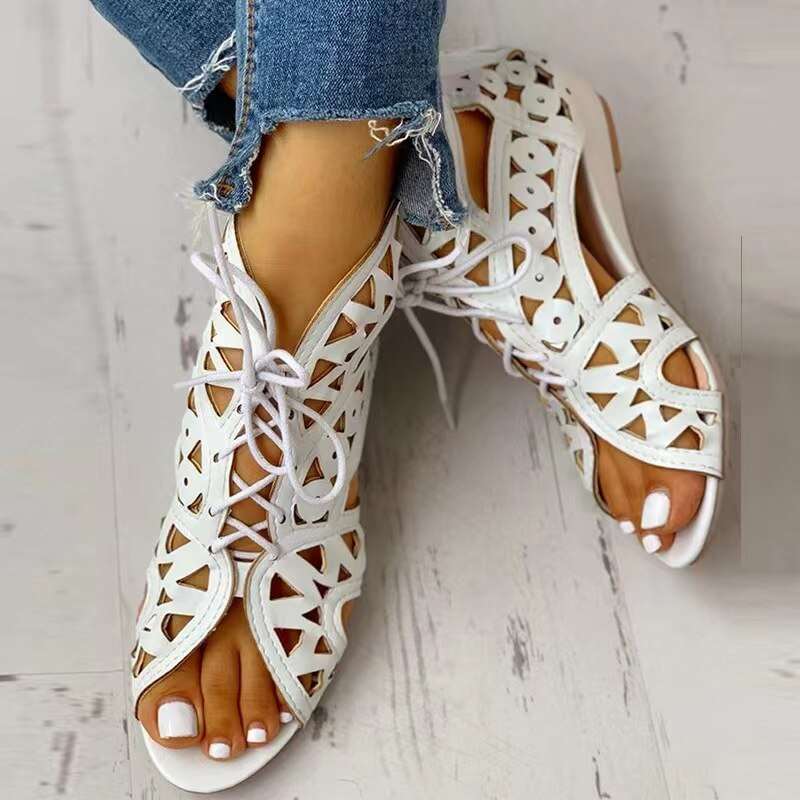 New Womens Gladiator Sandals Summer Retro Wedge Lace Up Mesh Shoe Casual Open Toe One Word Buckle Sandals Plus Size 36~42