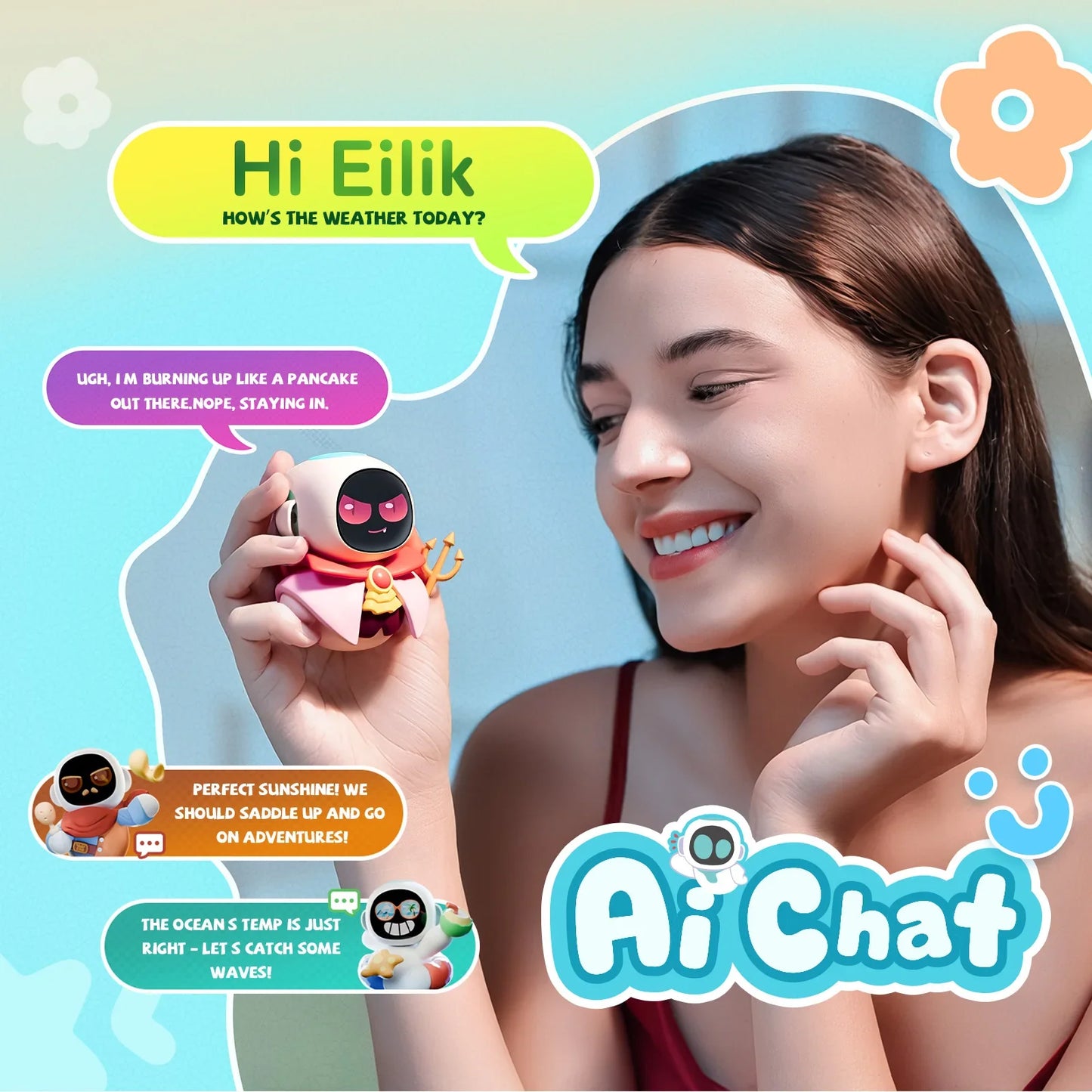 Eiliko Aquamarine – Tiny AI Charm Robot with Voice Chat, Emotional Responses, Themed Body Swap, Outfit-Matching, Perfect Companion for Couples, Best Friends & Kids