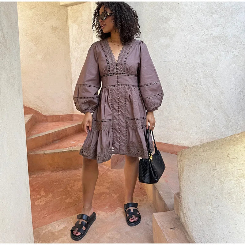 Elegant Lace Hollow Out Women's Long Dress Solid V-neck Patchwork Puff Sleeve Bodycon Dressess Female 2025 Spring New Lady Robes