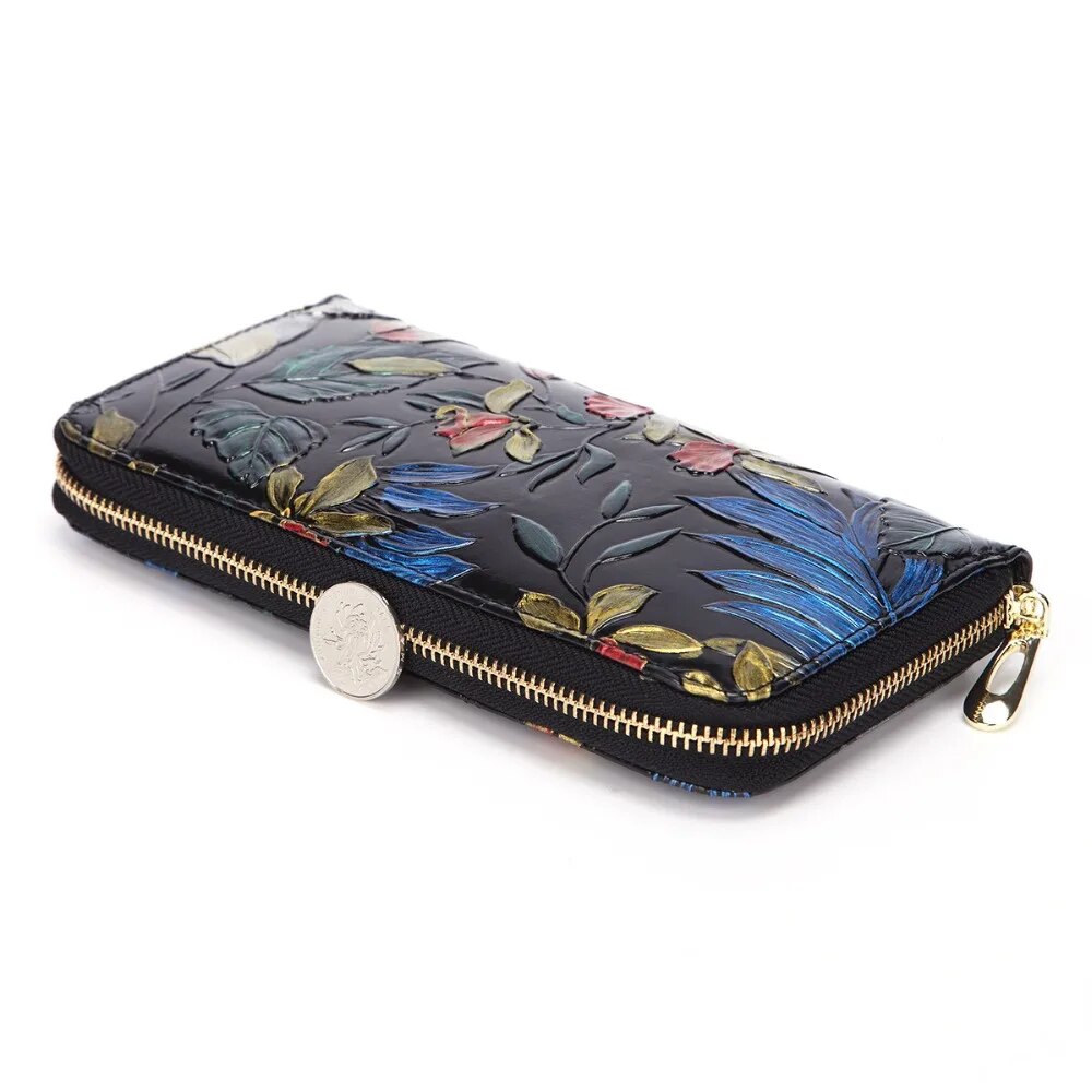 Women Genuine Leather Long Purse Wrist Clutch Bags Cowhide Floral Pattern Retro Coin Cash ID Card Holder Money Handy Bag Wallet